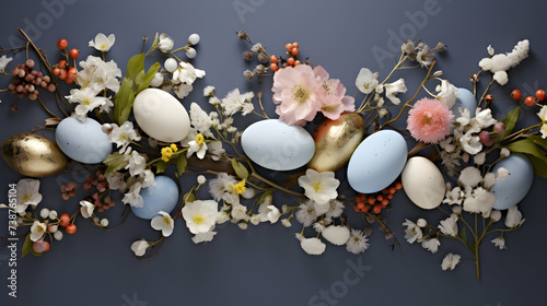  Each egg a jewel, each branch a whisper - a captivating Easter scene unfolds in a meticulously arranged flat lay against a backdrop of pristine white.
