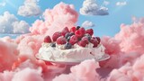 Light pink clouds and blue sky frame a Pavlova cake with berries in a minimalistic flatlay capture