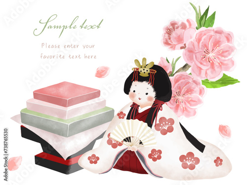 ひな祭りのイラスト（桃の花と菱餅とお雛様）