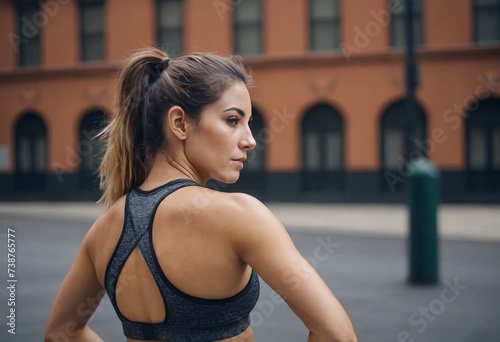 An attractive beautiful woman in sportswear, doing sports on the city streets. A fit woman jogging outdoors. Morning workout. The concept of a healthy and active lifestyle.