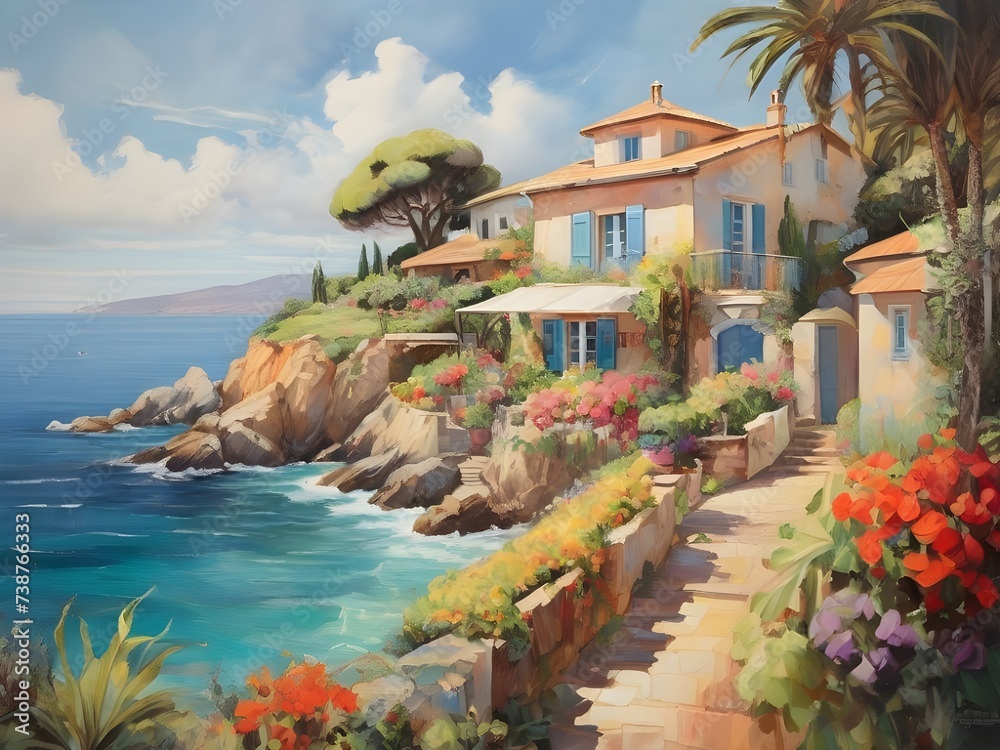 Vibrant impressionist painting depicts a picturesque country house surrounded by lush gardens, overlooking the sea and bathed in the Mediterranean sun. Generative AI