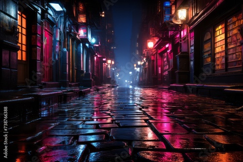 Narrow city alley at midnight with magenta neon lights reflecting in the water