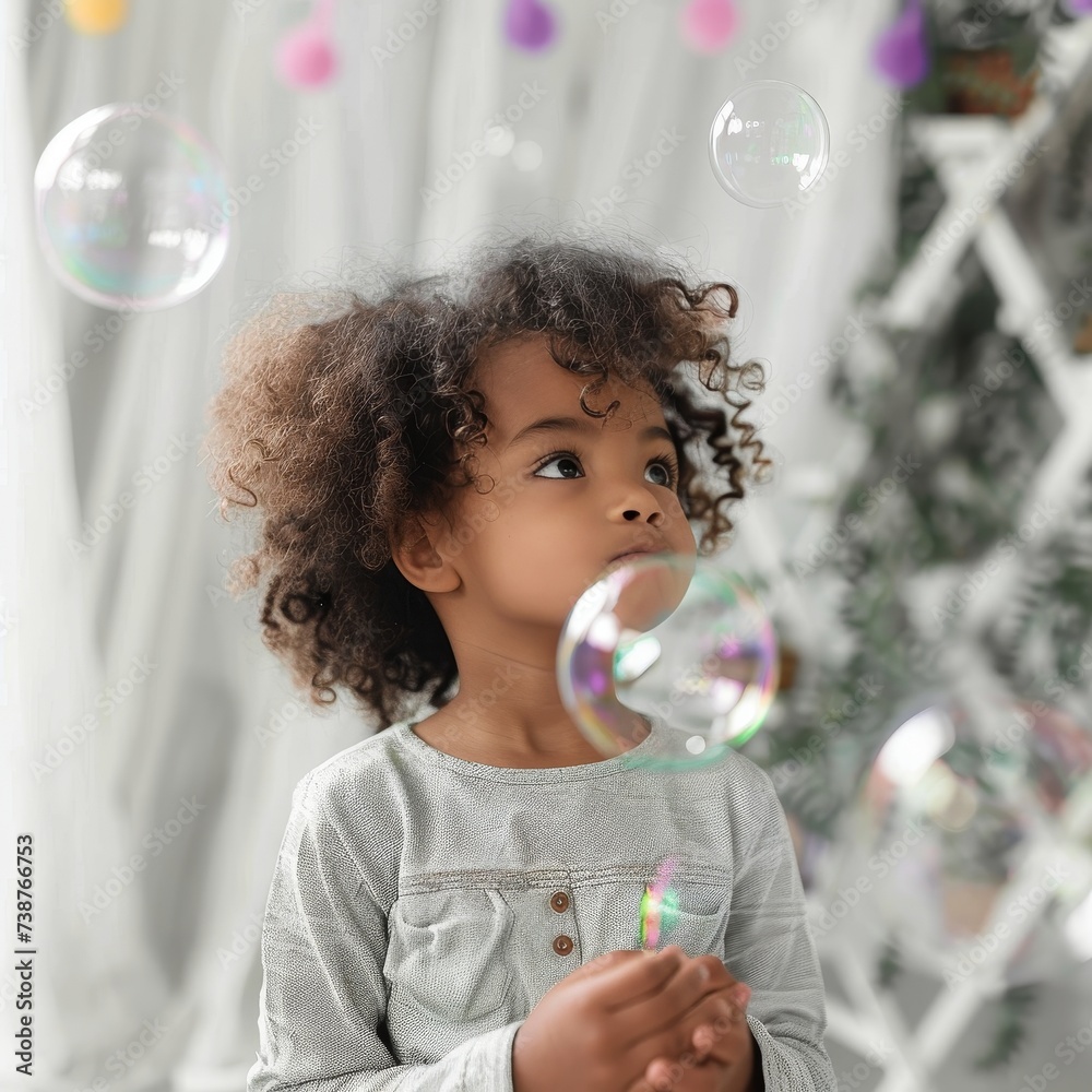 A young girl with wild curly hair delights in the simple joy of blowing colorful bubbles, her contagious laughter filling the room as she twirls in her playful toddler clothes