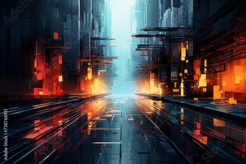 it is a painting of a futuristic city with a lot of buildings