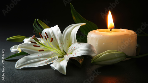 A lit candle's soft glow beside a white lily signifies remembrance and peace on a black background, suitable for condolence messages with space for text