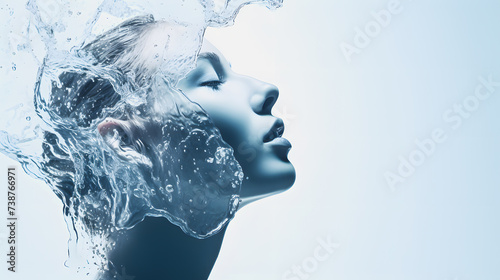 Double side profile of a young woman with a watersplash on her face. Facial refreshment. Taking care of facial hygiene. Stable white background.