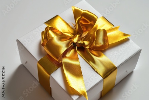 White Gift Box with Golden Ribbon Bow on Grey Background for Celebrations