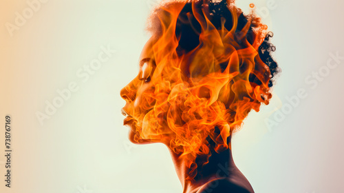 Fire in the head. Double face exposure side profile of a young woman with a burning fire in her head. Burning headache. Stable white background.