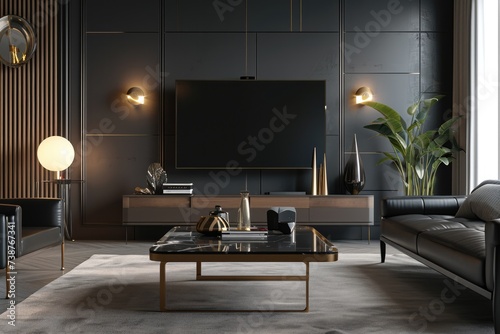 Luxury Living Room Interior with Realistic 8K TV Screen on Elegant Table