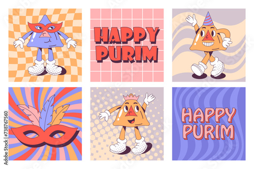 Purim holiday groovy greeting card design set with hamantaschen cookies funny retro cartoon characters. Vector illustration