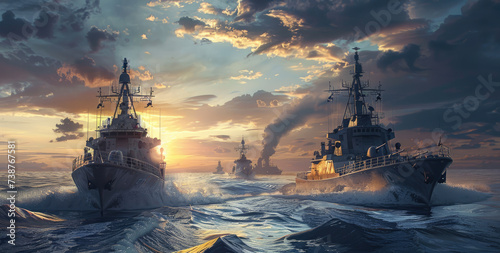 Battle ships moving to the surface of the water in the ocean