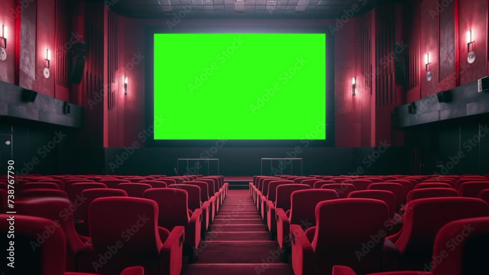 An empty movie theater room. Cinema interior with empty red seats and chroma key green screen