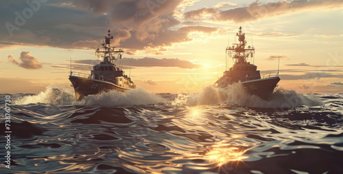 Battle ships moving to the surface of the water in the ocean