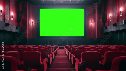 An empty movie theater room. Cinema interior with empty red seats and chroma key green screen photo