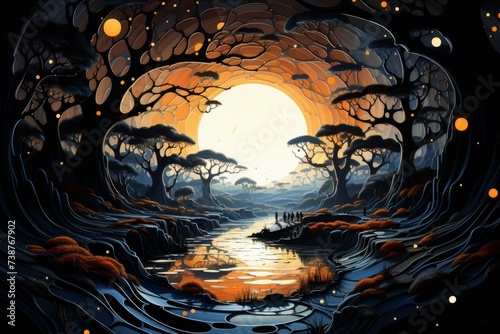 a painting of a river surrounded by trees and a full moon