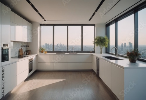 Modern kitchen with spacious island  sleek appliances  skyline view  elegant cabinets  light wood floors  breakfast bar