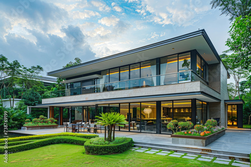View of luxurious modern house exterior with dining space and garden villa © Kien