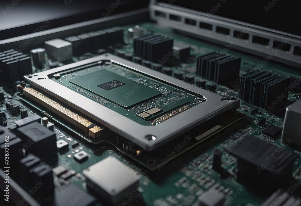 Modern CPU processor installed on a brand new motherboard, object detail, extreme closeup, nobody. Modern CPU processor installed on a brand new motherboard, object detail, extreme closeup, nobody.