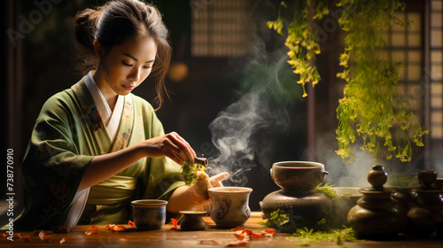 The image captures a serene traditional tea ceremony The focus lies on the intricate details of the ceremony--the pouring of tea, the delicate movements, and the emotions exchanged. The photo aims to 