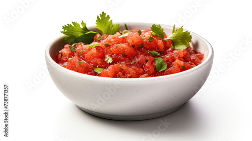Front view of a bowl of mexican salsa sauce. Isolated on white background. 
