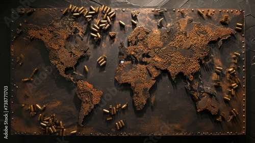 World map made of rusty metal. All continents of the metal world 