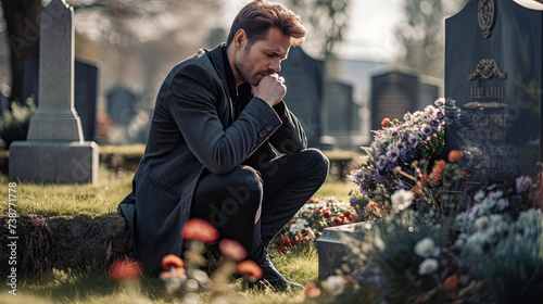 Christian man crying next to a grave with a headstone for a deceased relative in the family 