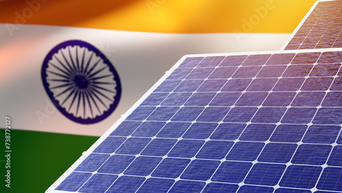 Solar panels with India flag. Generators for alternative energy. Solar panels close up. Power equipment made in India. Development of green solar energy in India. Sunlight panel. 3d image