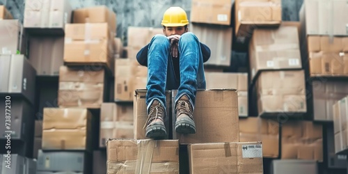 Loader sitting idly on a stack of boxes, a close-up showing the lack of enthusiasm for moving the next load , concept of Monotony
