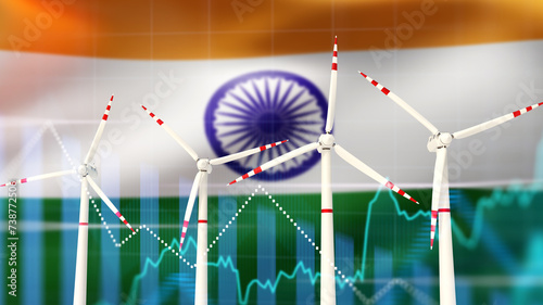 Wind turbines near India flag. Alternative energy technologies. Wind turbines installed in India. Green energy production schedule. Development of alternative energy in India. 3d image