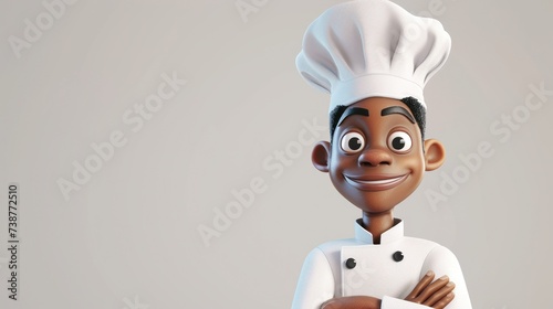 Personnage cartoon d'un chef cuisinier noir, souriant, sur fond jaune, image avec espace pour texte.