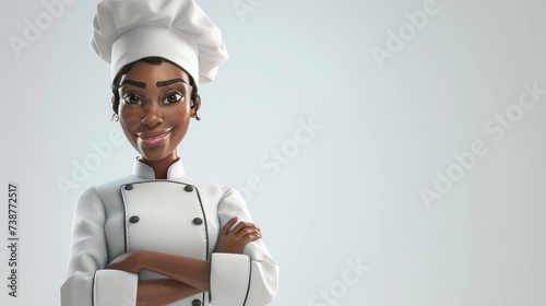 Personnage cartoon d'une femme noire chef cuisinier, sur fond blanc, image avec espace pour texte.