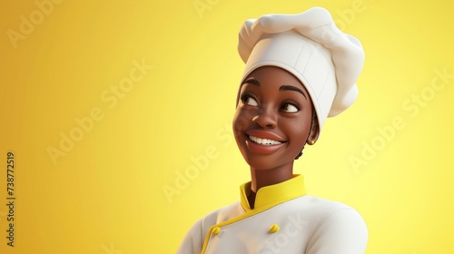 Personnage cartoon d'une femme noire chef cuisinier souriante, sur fond jaune, image avec espace pour texte.