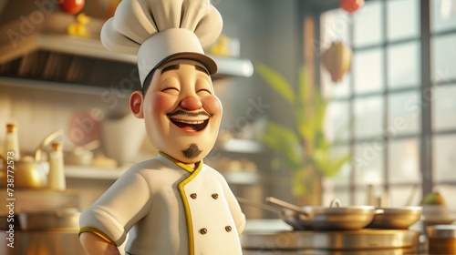 Personnage cartoon d'un chef cuisinier asiatique, cuisine en arrière-plan. photo