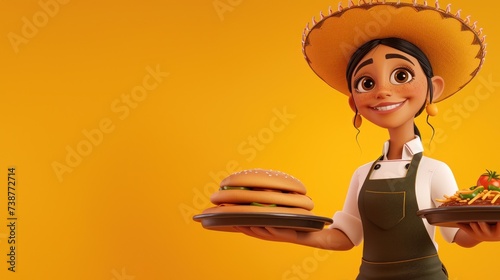 Personnage cartoon d'une femme serveuse dans un restaurant mexicain, sur fond orange, image avec espace pour texte. photo