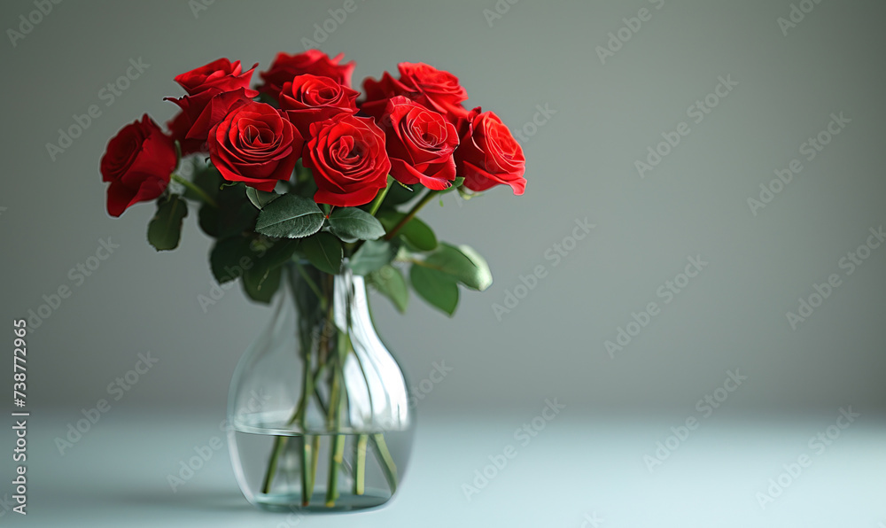 Fototapeta premium Red roses in a glass vase on flat plain studio background. Banner with lot of empty copy space. AI