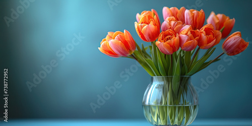 Tulips in a glass vase on flat plain studio background. Banner with lot of empty copy space. photo