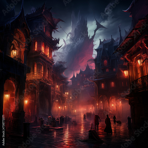 big city in gothic fantasy setting, at night, a dragon is flying over the houses, spitting fire on the streets, people are fleeing