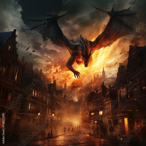 big city in gothic fantasy setting  at night  a dragon is flying over the houses  spitting fire on the streets  people are fleeing