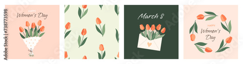 Cards for March 8, Women's Day. Vector illustrations with tulips #738773598