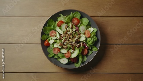 Healthy salad with chicken, tomato, avocado, vegetables on a table