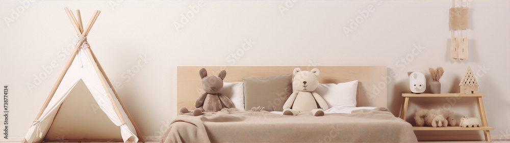 **Minimalist nursery interior with teepee, bed and toys**