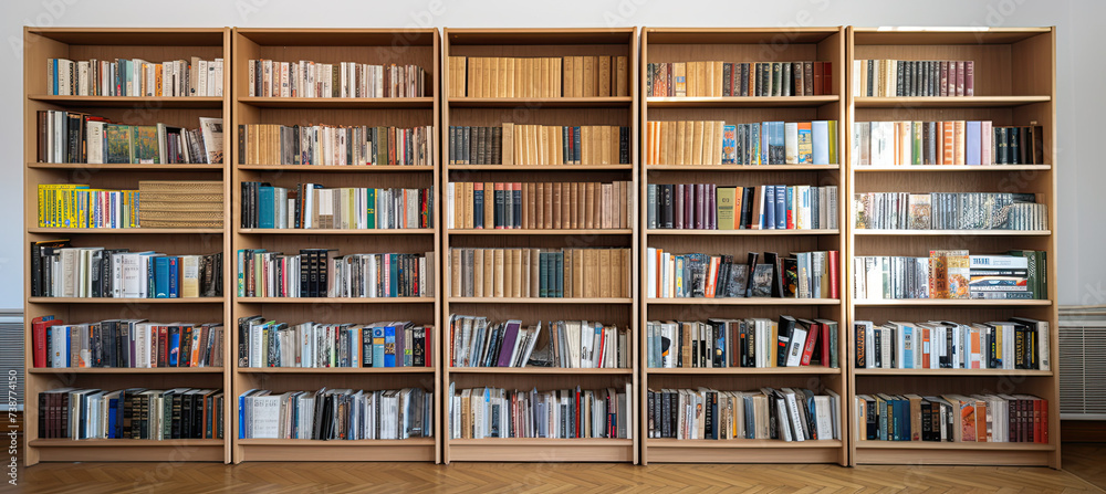 Full front view Books on Shelves in Library Full front view Books on Shelves in Library