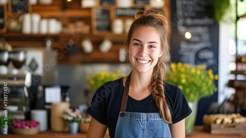 Cheerful young woman in an apron smiling warmly at a cozy cafe setting.