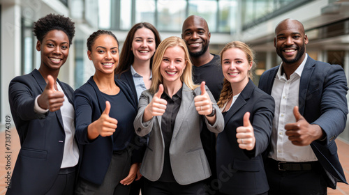 Enthusiastic diverse team in formal attire giving thumbs up in an office setting