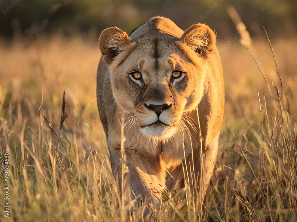 Savannah Sunset Stalker: Majestic Lioness in Tall Grass Savannah Sunset Stalker: Majestic Lioness in Tall Grass