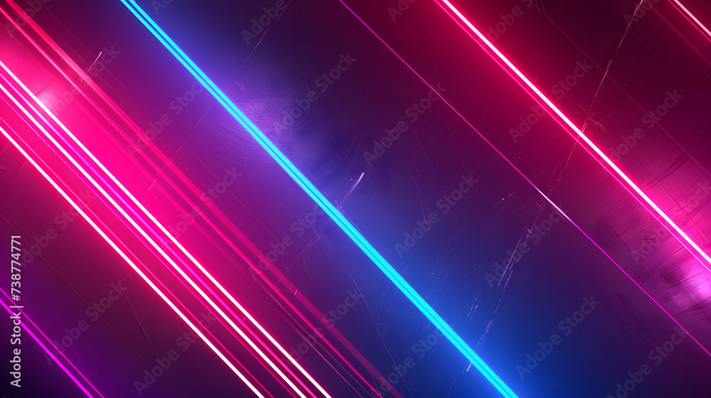 abstract background, pink and blue neon light lines on dark background, Generative AI 