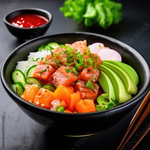 poke bowl on a white table. healthly food.