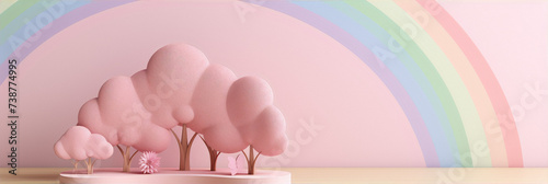 Pink surreal trees and rainbow on pastel pink background