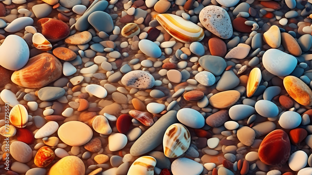 Close-up of colorful polished pebbles, close-up of stone
