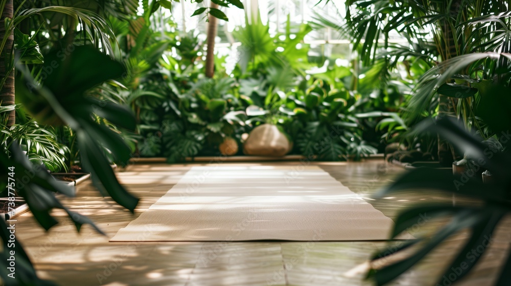 A serene yoga mat lies on floor, surrounded by a lush green forest setting, inviting tranquility and mindfulness for a peaceful meditation retreat and wellness practice.
